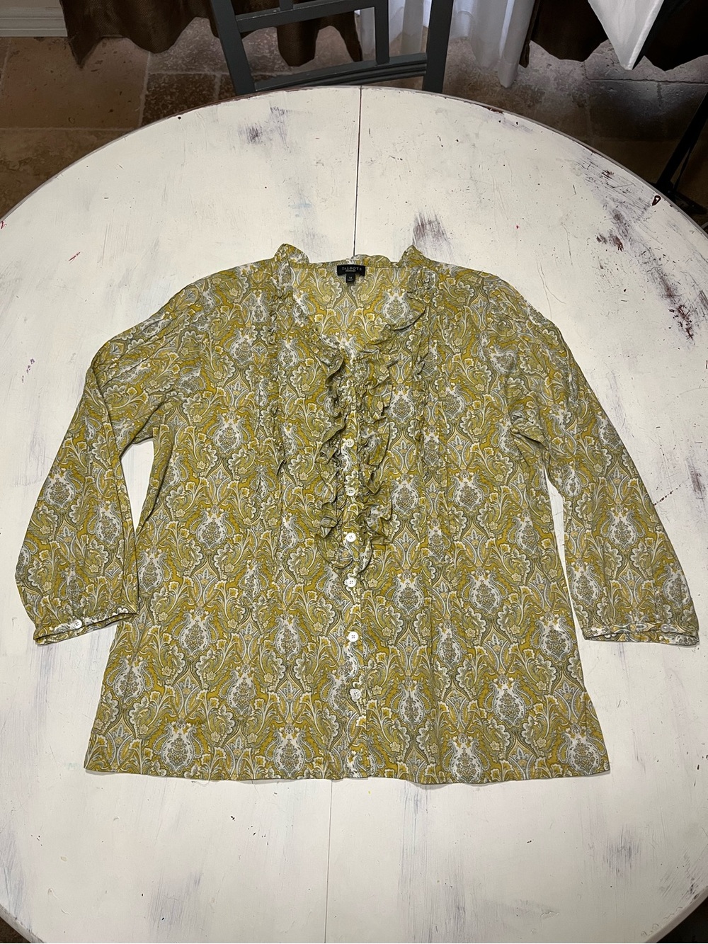 Talbots 100% Cotton Lightweight Brocade Jacquard Print Pintuck Ruffle Blouse